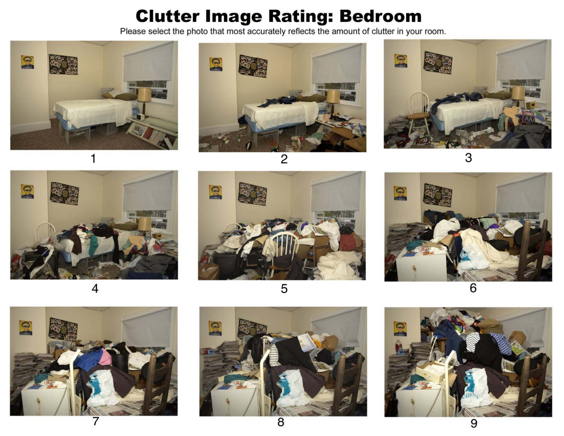 Series of photos showing level of clutter from 1 to 9; bedroom