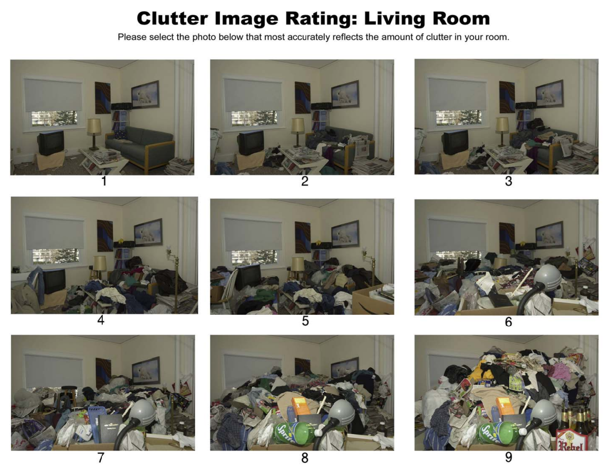 Series of photos showing level of clutter from 1 to 9; living room