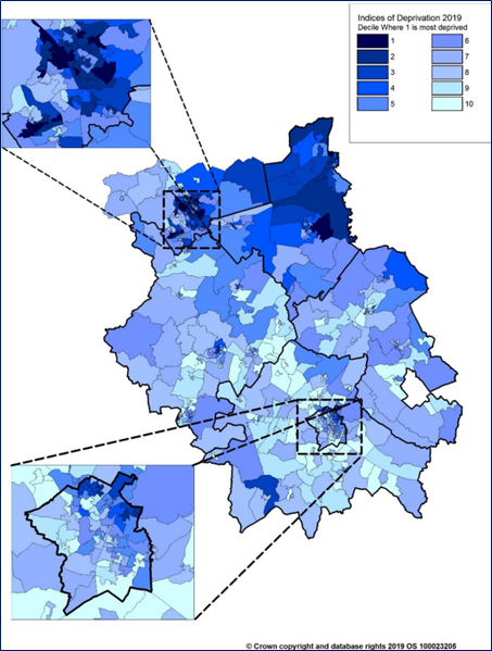 Map showing IMD across Cambridgeshire and Peterborough. Source: Cambridgeshire County Council 2019