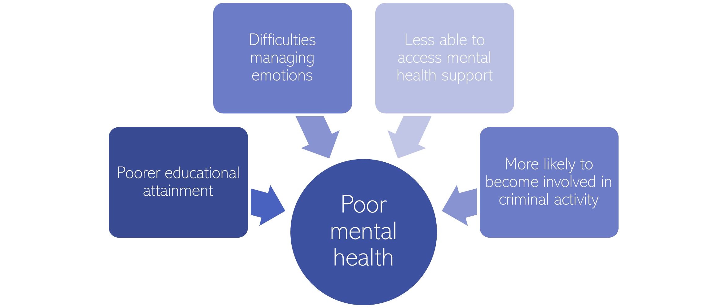 Reasons include poor educational attainment, difficulties managing emotions, difficulties accessing mental heatlh support and being more likely to become involved in criminal activity. 