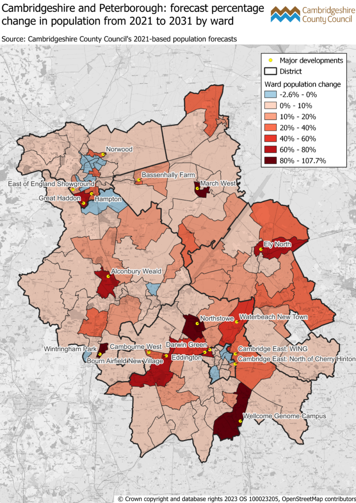 Choropleth map of Cambridgeshire and Peterborough showing the forecast percentage change in population from 2021 to 2031 by ward, with major housing developments shown for context.